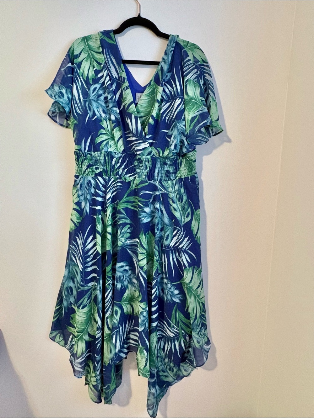 Rabbit Rabbit Rabbit Tropical Leaf Handkerchief Hem Dress Medium Blue Green